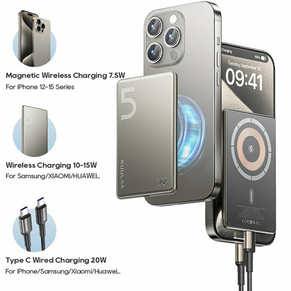 bateria externa kuulaa 5000mah com carregamento rápido wireless