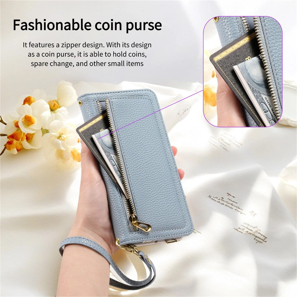 ESEBLE E11 For Samsung Galaxy A16 4G / 5G Case Zipper Pocket Litchi Texture Leather Phone Cover with Mirror and Wrist Strap -  .