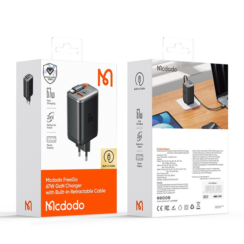 McDodo CH-4100 Charger – GaN 67W with Retractable Cable and USB-C + USB-A Outputs