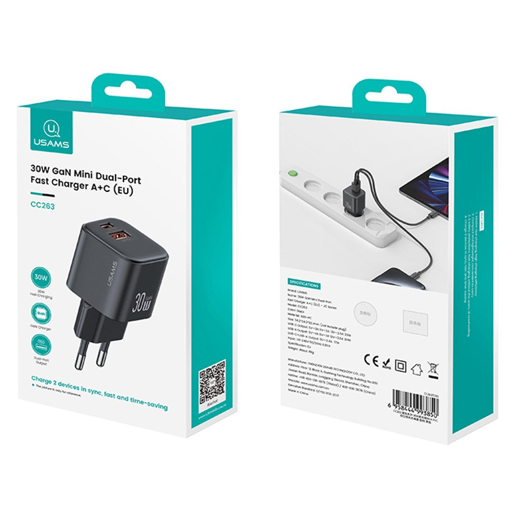 USAMS CC263 – Compact GaN 30W Dual Port USB-C + USB-A Charger