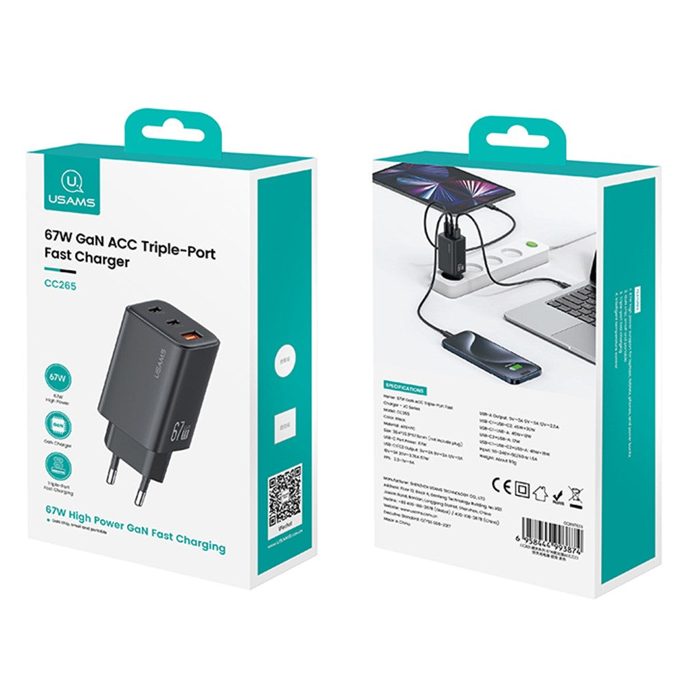 USAMS CC265 Charger – GaN 67W with 3 Ports (USB-C + USB-A)