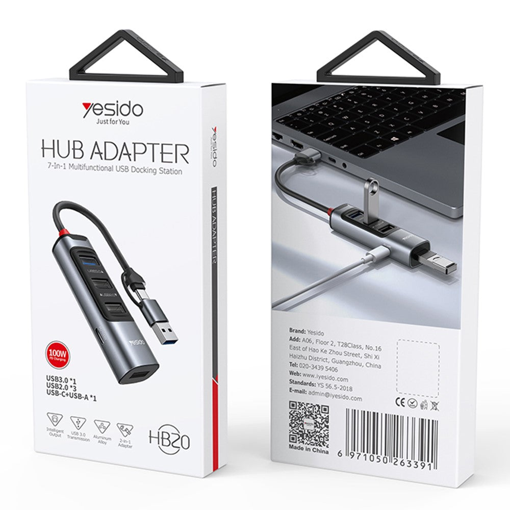 Hub USB-C YESIDO HB20 com USB 3.0 e PD 100W