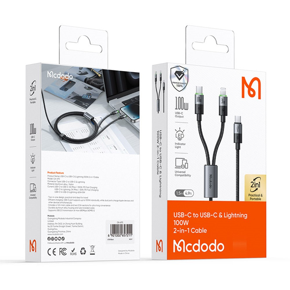 Cabo Mcdodo 2 em 1 USB-C para USB-C + Lightning – 100W