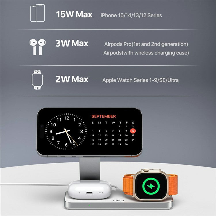 Carregador 3‑em‑1 magnético T8 para smartphone, smartwatch e earphones