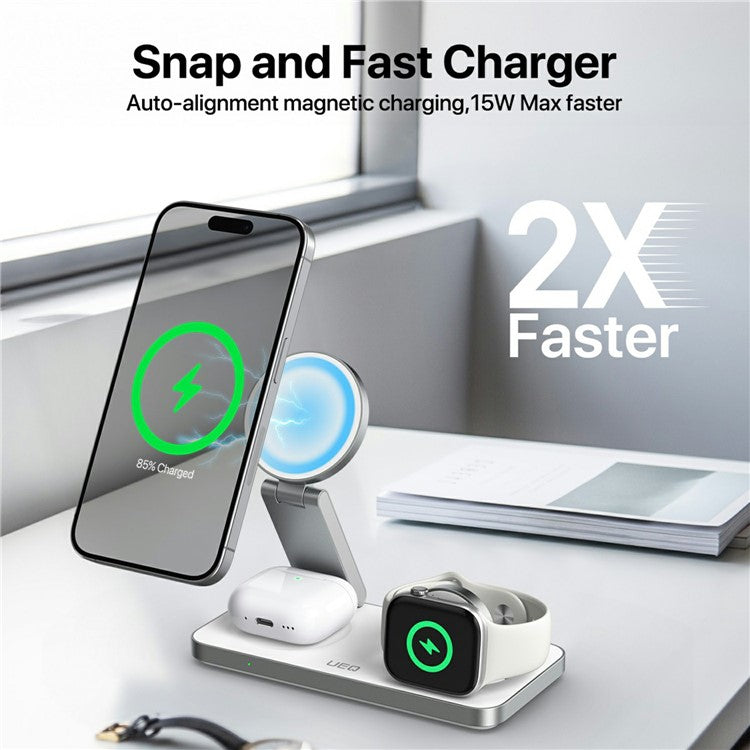 Carregador 3‑em‑1 magnético T8 para smartphone, smartwatch e earphones