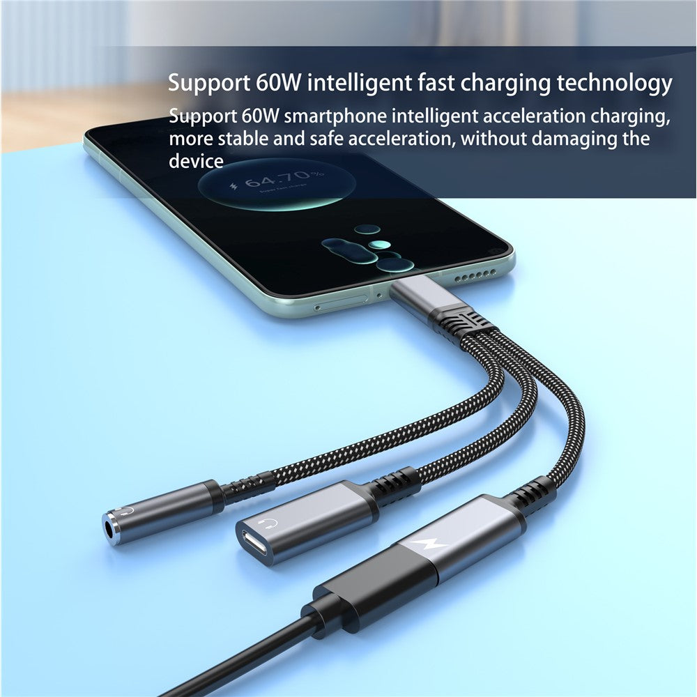 Adaptador USB-C para 3.5mm + USB-C PD 60W 3 em 1