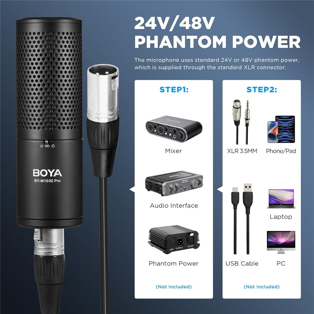 microfone condensador com 3 padrões polares boya