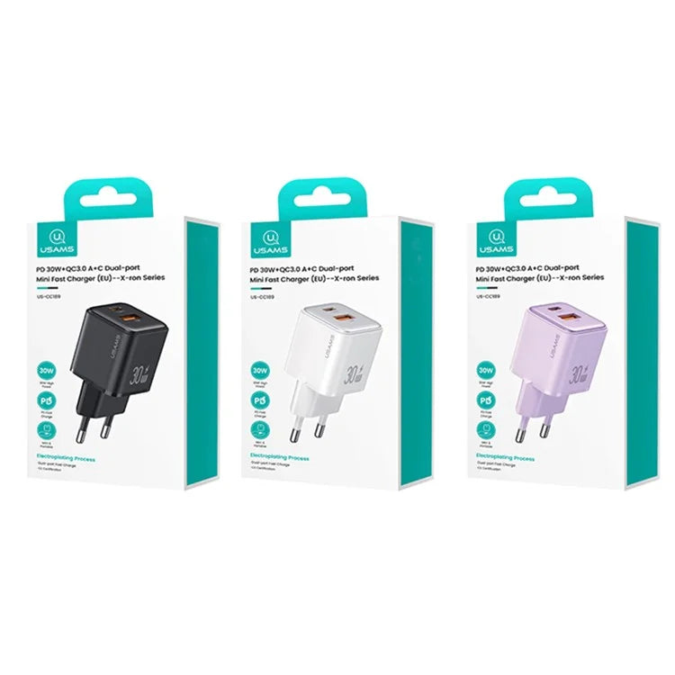 Adaptador de Carregador USAMS 30W PD com Porta Dupla Tipo C + USB-A