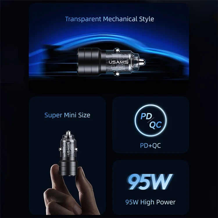 Carregador de Carro USAMS 95W USB-A + USB-C - Preto